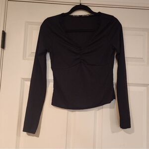 Stretchy black lace trim long sleeve top M